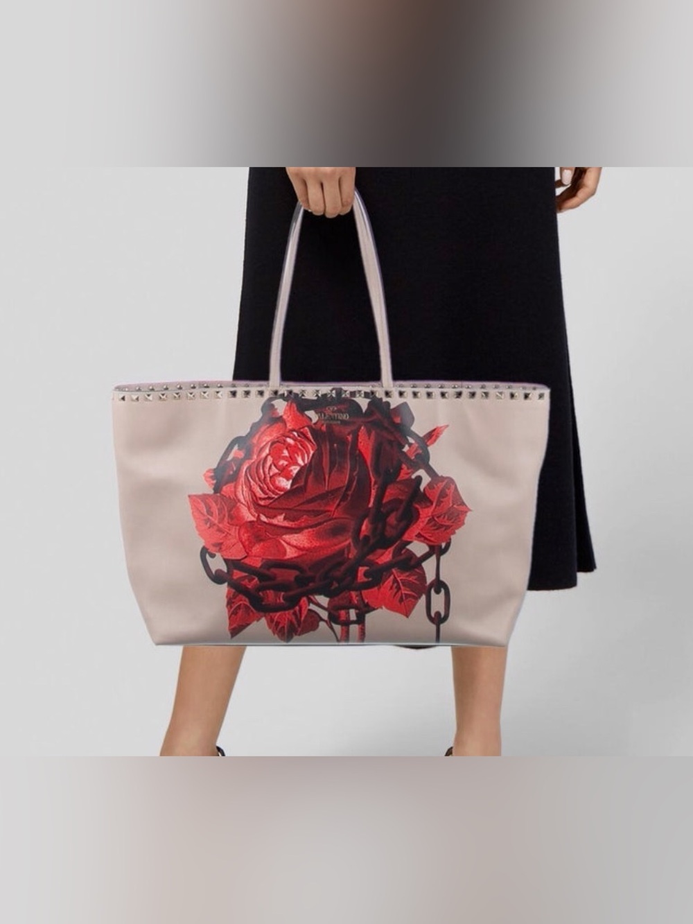 Valentino Garavani Pink Leather Tote with Red Rose and Gold Studs